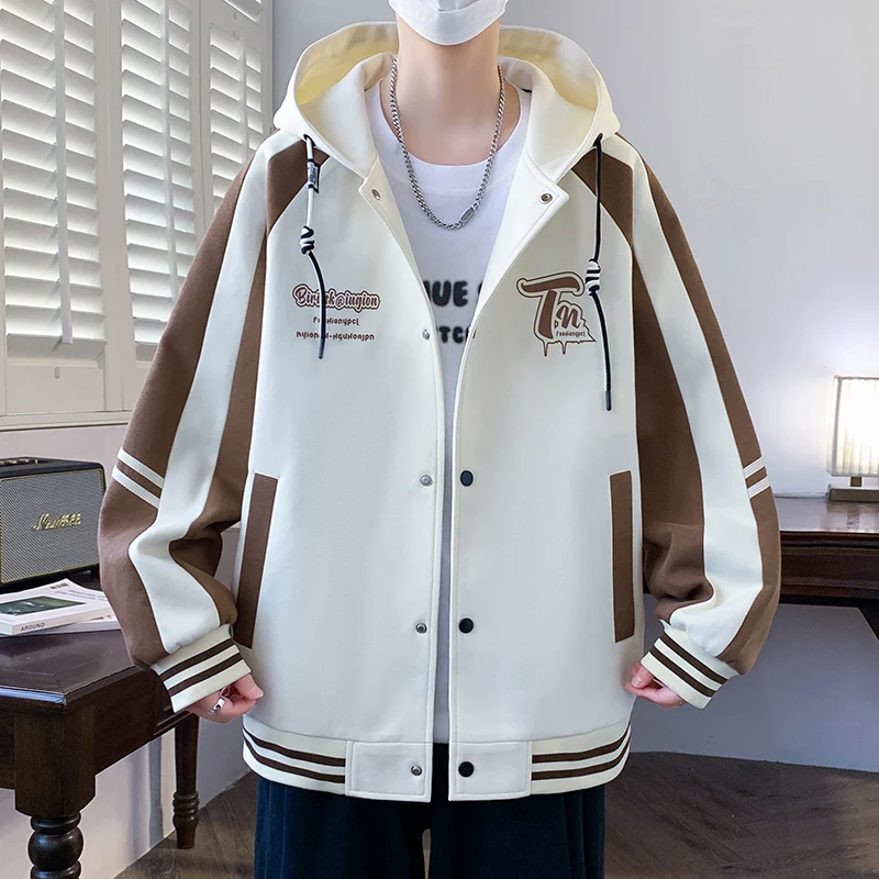 

Мужская бейсбольная куртка с капюшоном, весенне-осенняя, с цветными вставками, спортивная, повседневная, молодежная, модная, брендовая, из смесового полиэстера и хлопка, на молнии