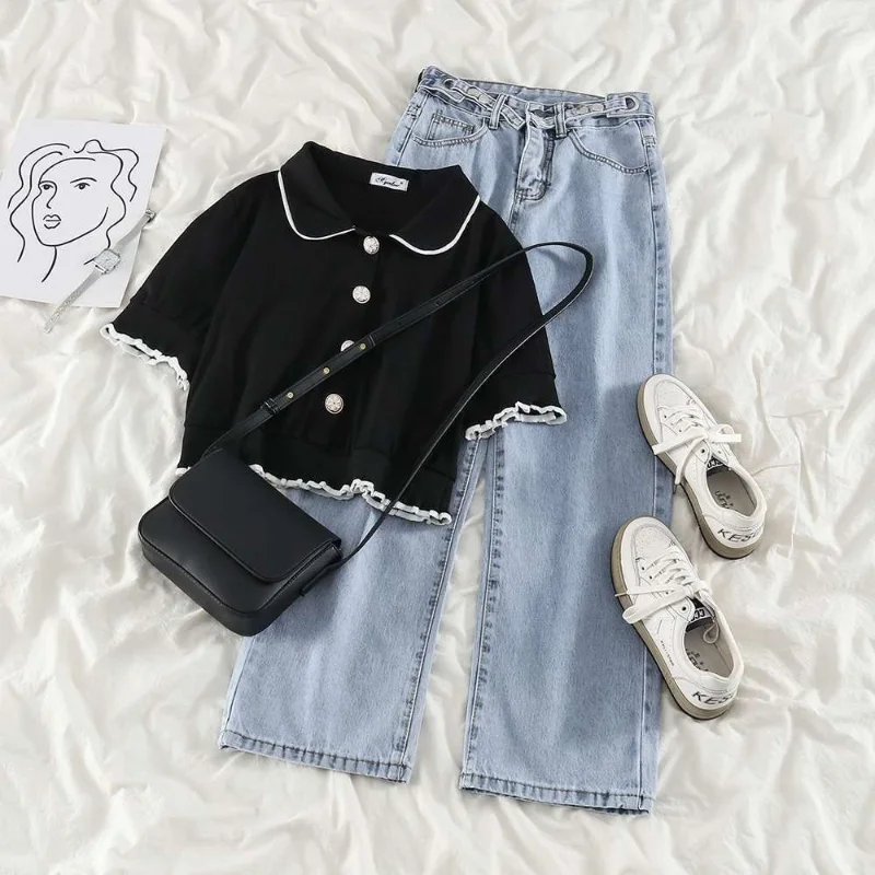 Summer Women's Set with Wooden Ear Edge Short Knitted Short Sleeved T-shirt Design High Waisted Jeans Two-piece Set/single Piece