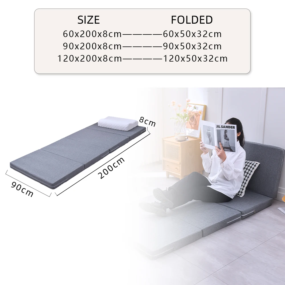 4-Fold Memory Foam Mattress, 3 inch Single Folding Mattress with Collapsible and Washable Cover, Travel and Guest Mat, Grey - view 2