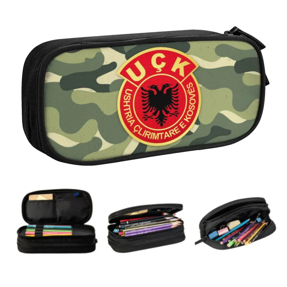 Custom Old Albania Flag UCk Pencil Cases for Boy Girl Large Capacity Kosovo Liberation Army Pen Bag Box School Accessories