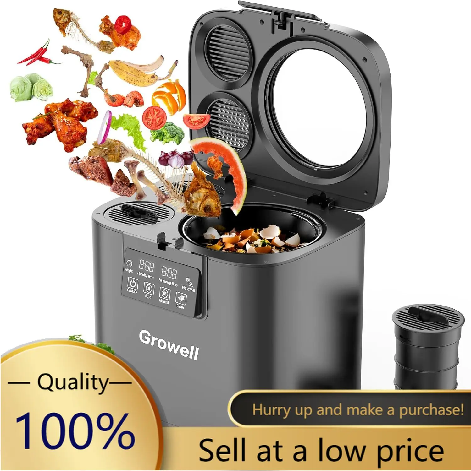 Electric Composter for Kitchen, 4L Indoor Odorless Compost Bin with 2 Carbon Filters, Upgraded Brushless Motor, Auto-Clean
