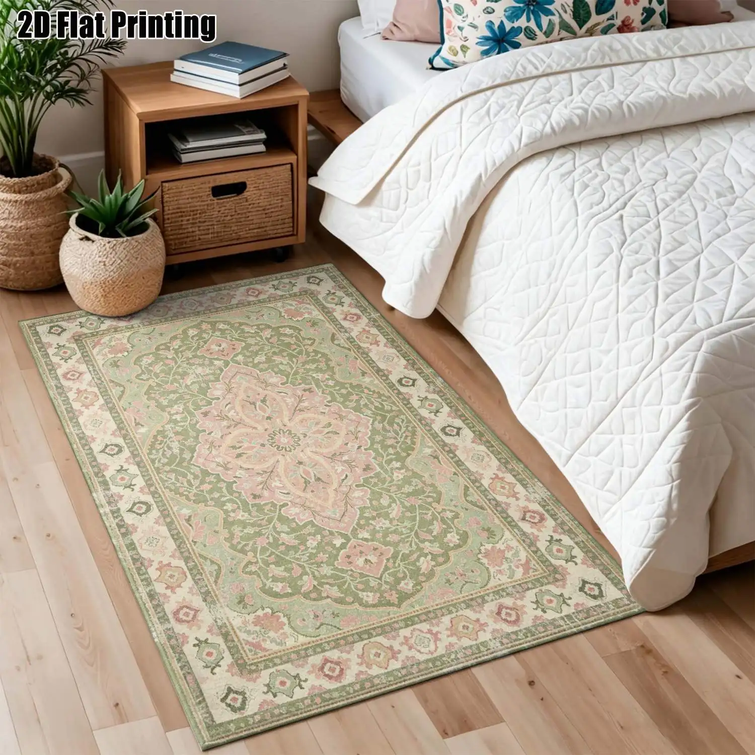 1Pc 2D Printed Pink & Green Floral Geometric Carpet, European Vintage Bohemian Style Home Decor Rug, Multi-Size, Machine Washable, for Living Room, Bedroom, Dining Room, Entrance, Study