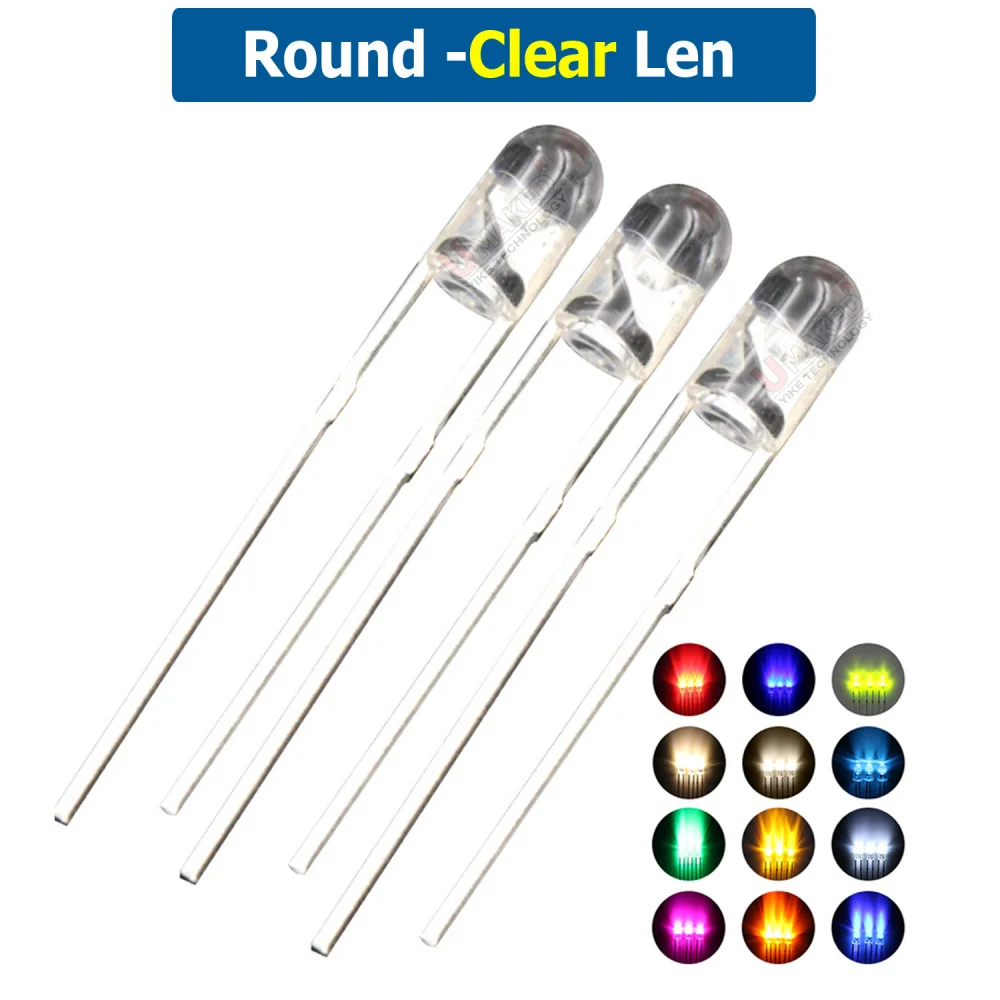 1000PCS F3 3mm Clear LED round lamps diodes chip 3.2-3.4v 20mA light beads F3 led Emitting diodes WW/W/R/G/B/Y Lighting DIY lamp
