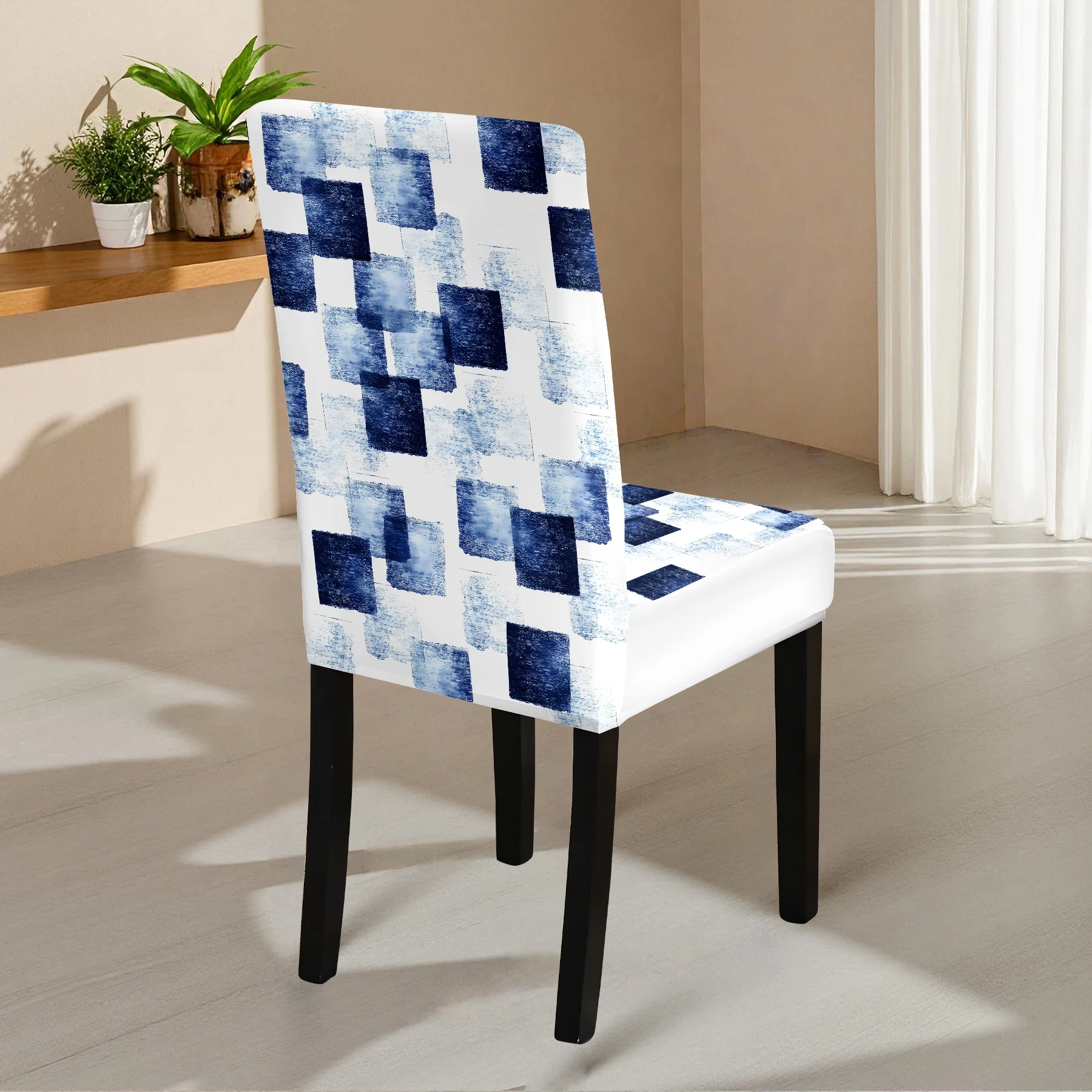 2026 New Stretch Chair Cover, Blue Square Geometric Print, All - inclusive Elastic Chair Slipcover, Washable