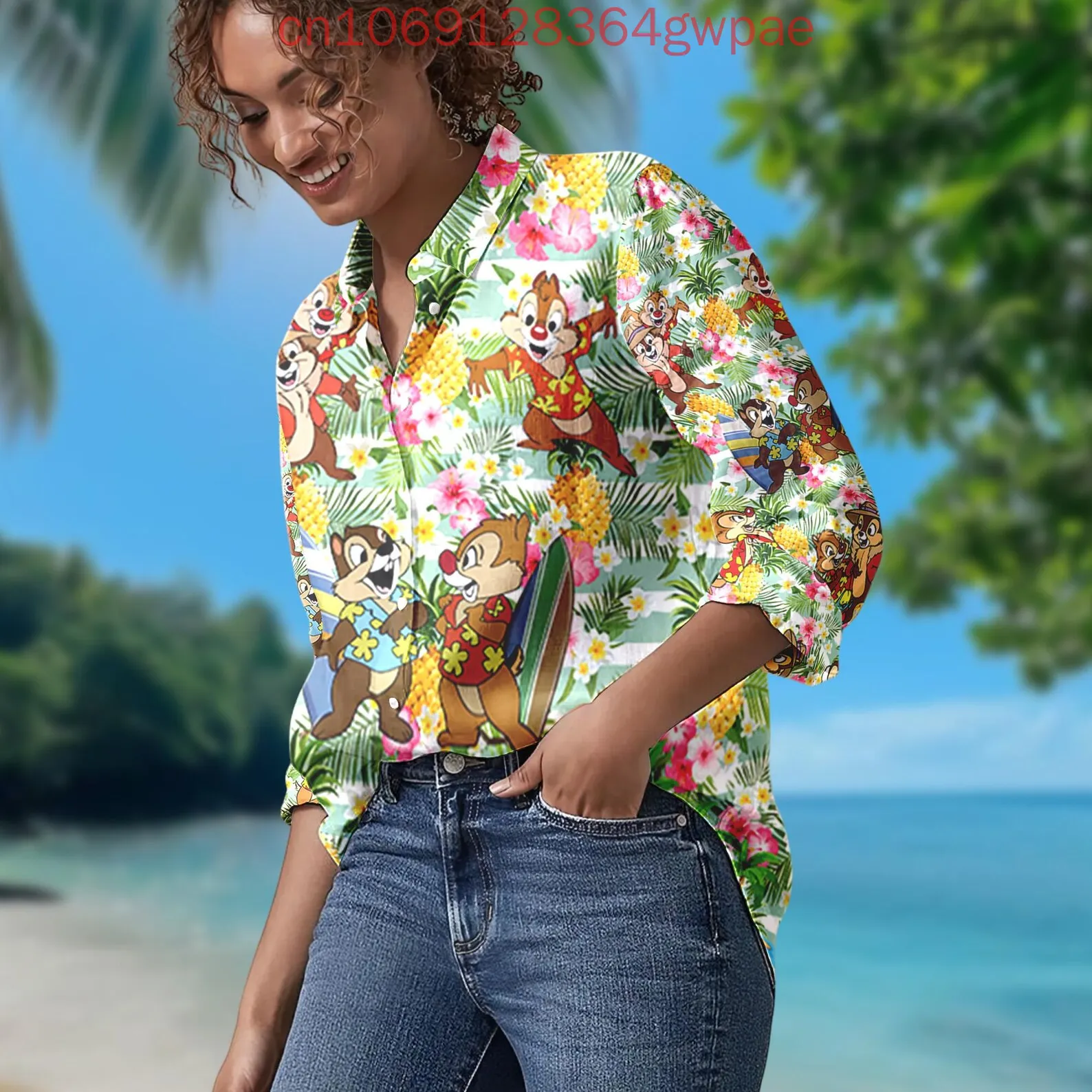 

Disney Chip and Dale Women's Casual Button Long Sleeve Blouses Shirt Holiday Beach Hawaiian Shirt Women Elegant Commuter Shirt