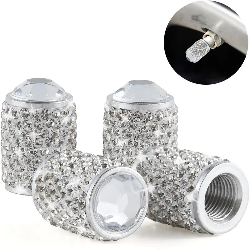 Women's Diamond-Studded Car Tire Valve Cap 4Individual white crystal diamond dustproof valve cover Universal fit for cars and tr