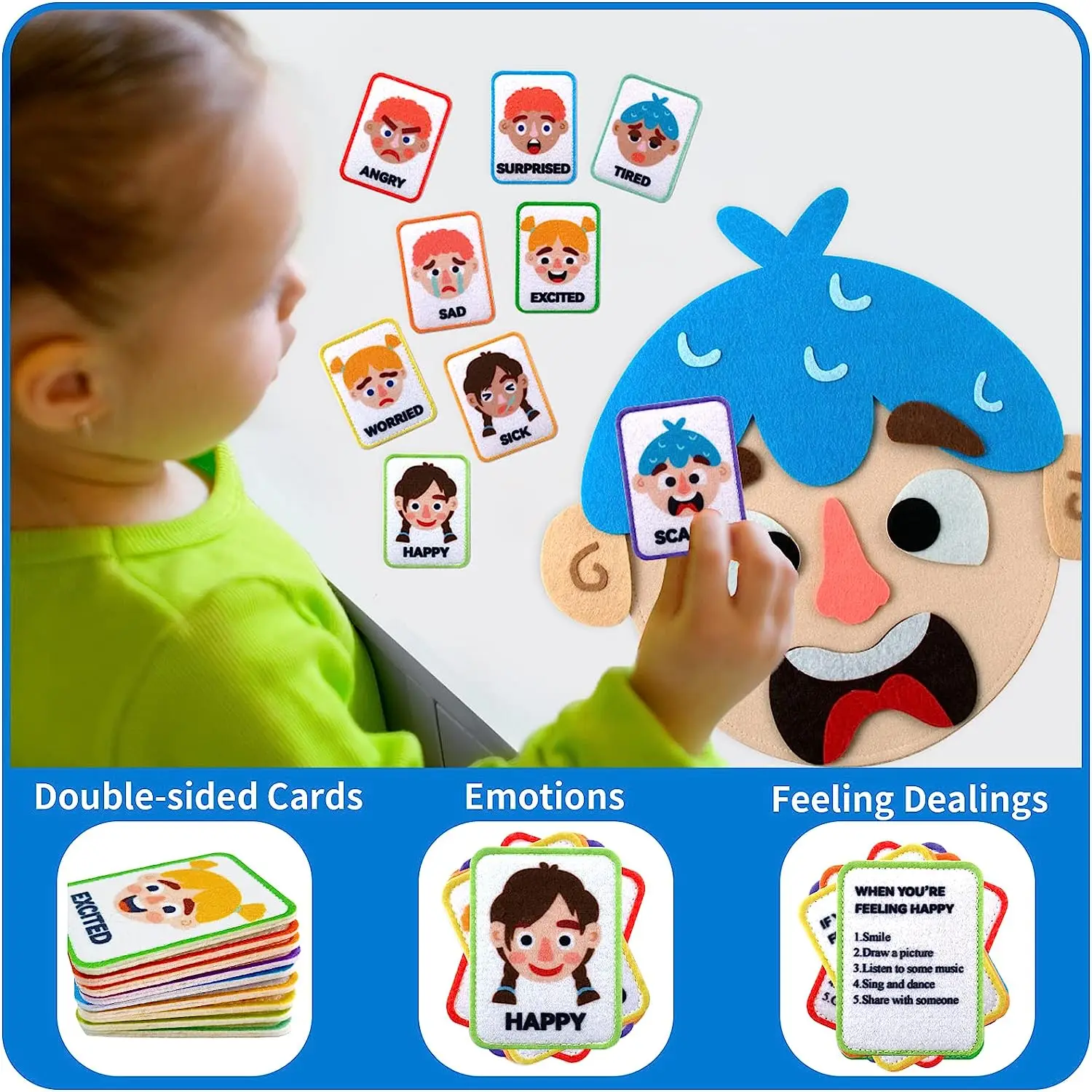 Gesellschaftliches, emotionales Lernen für Kinder, beschäftigtes Brett mit 9 Emotionskarten für Gesichter, Spiele, Vorschule, Lernen, sensorisches Autismus-Therapie-Spielzeug – Detail 4