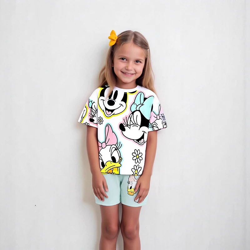 طقم ملابس صيفي للأطفال الصغار مكون من قطعتين ميني ماوس للأطفال البنات، قميص ميكي جيرل، شورت، ملابس دونالد داك بوتيك #1