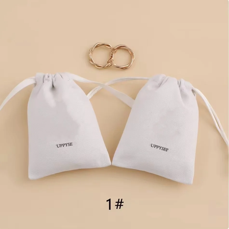 50 pcs White color high quality canvas bag double drawstring bag printing custom jewelry packaging dust bag free shipping