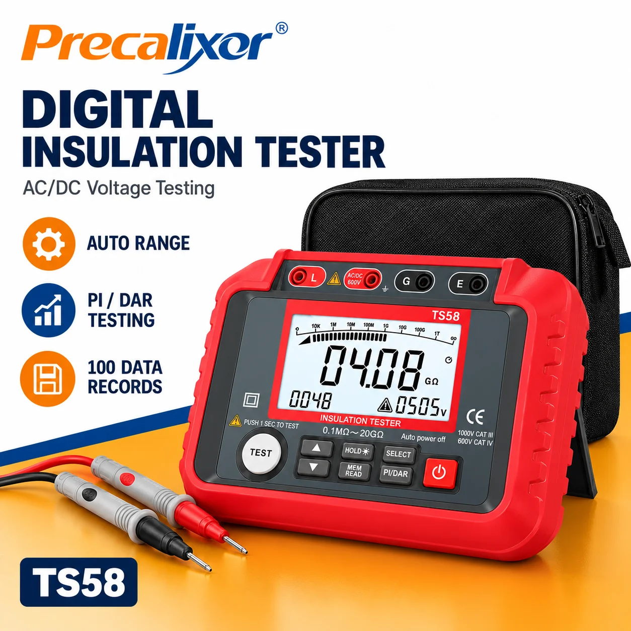 Megohmmeter 1000V 20GΩ Insulation Tester DAR PI Test Data Logging 50V~1000V Output for HVAC Electrical Winding