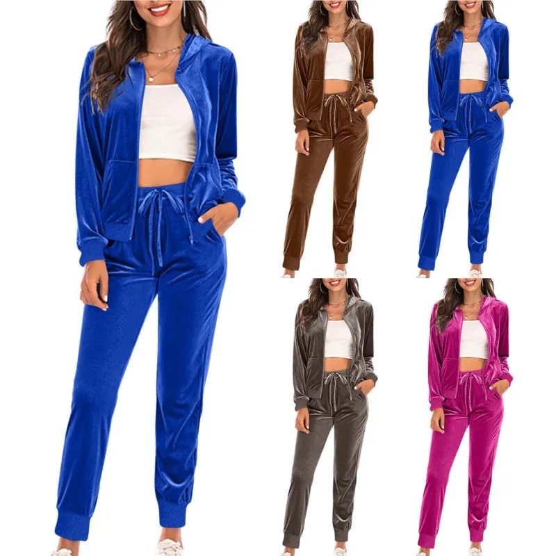 

2025 Spring Velvet Tracksuit Womens 2 Piece Sweatshirt Sweatpants Set Full Zip Hoodie Sweatsuit With Pockets Casual Sportswear