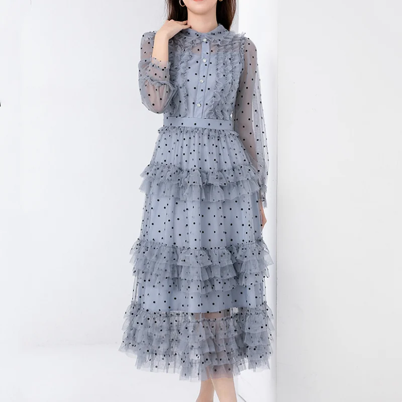 

Peter Pan Collar Polka Dot Mesh Multi-Layer Ruffles Dress Spring And Autumn New Long Sleeved Bohemian Holiday Women's Wear