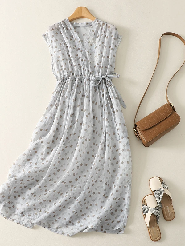 Summer New Gentle Polka Dot Print V-neck Drawstring Waist A-line Long Dress Women's Holiday Casual Style Cotton Blend Dress