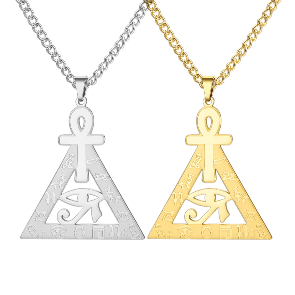 Ankh Cross Eye of Ra Necklace Egyptian Hieroglyphs Pyramid Pendant for Men Women Stainless Steel Spiritual Protection Jewelry