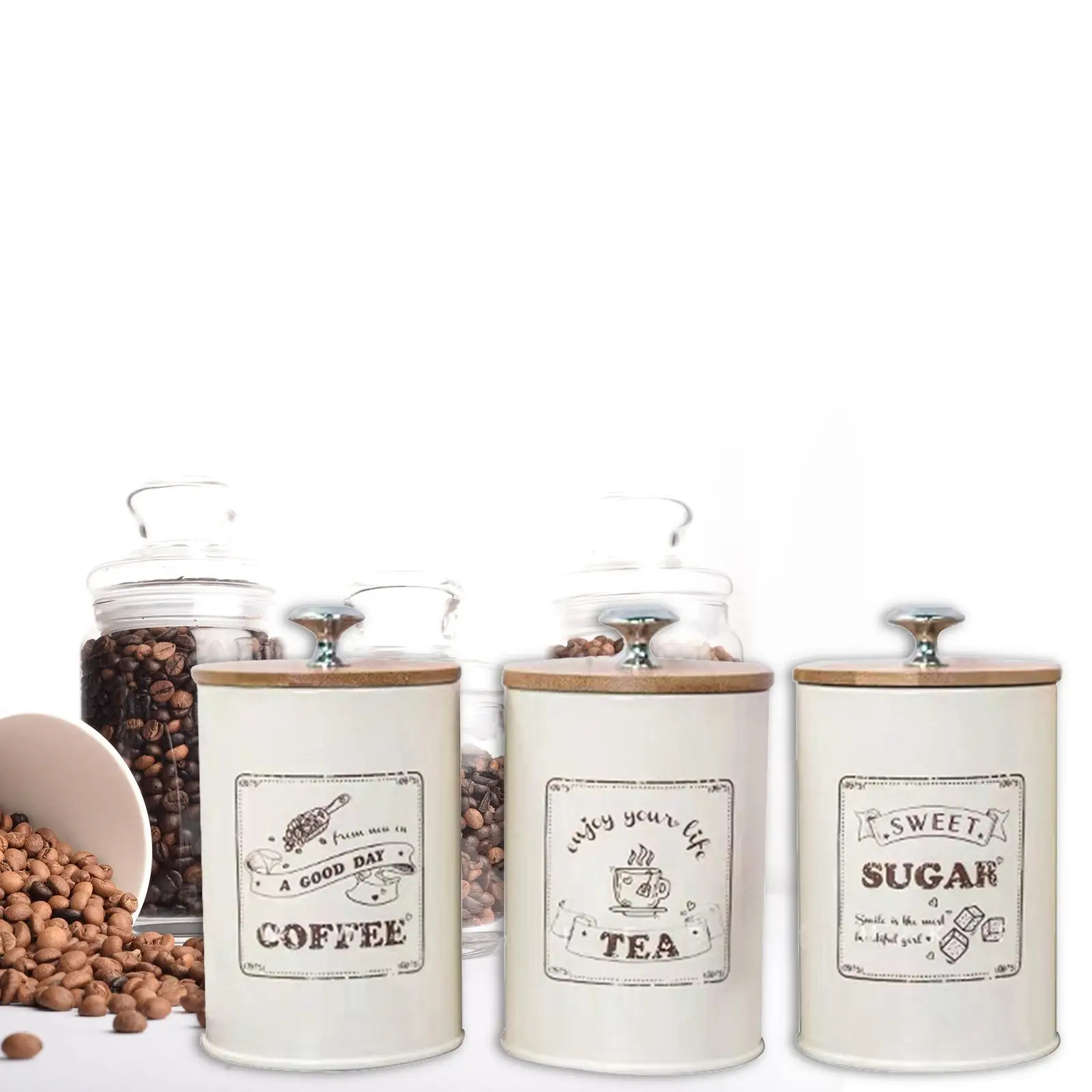 Set of 3 Airtight Kitchen Canister Decorations with Lids, Beige Metal Farmhouse Decor Containers for Sugar Coffee Tea Storage