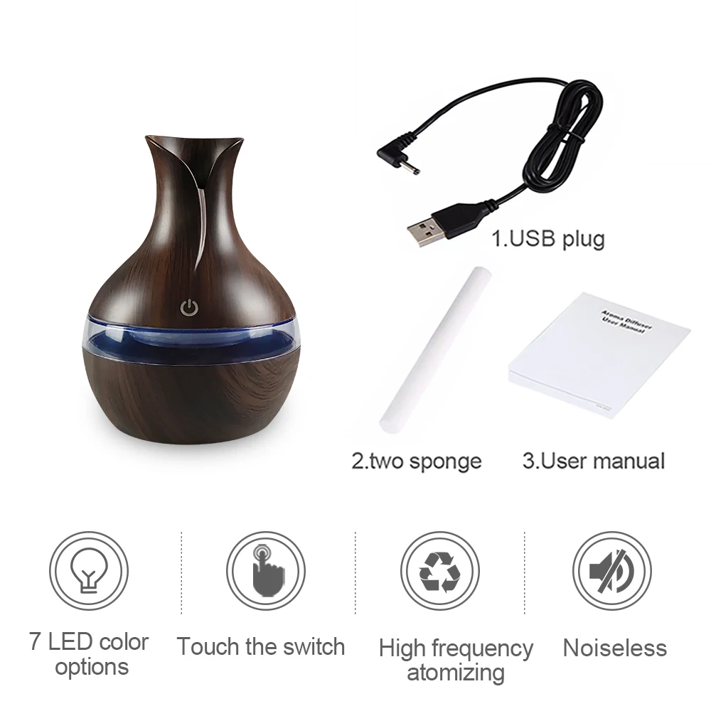مرطب الهواء مع ​ ​ موزع روائح عطرية LED بـ 7 ألوان، صانع رذاذ بارد سعة 300 مل مع USB قابل لإعادة الشحن ​ ​   لغرفة النوم المنزلية