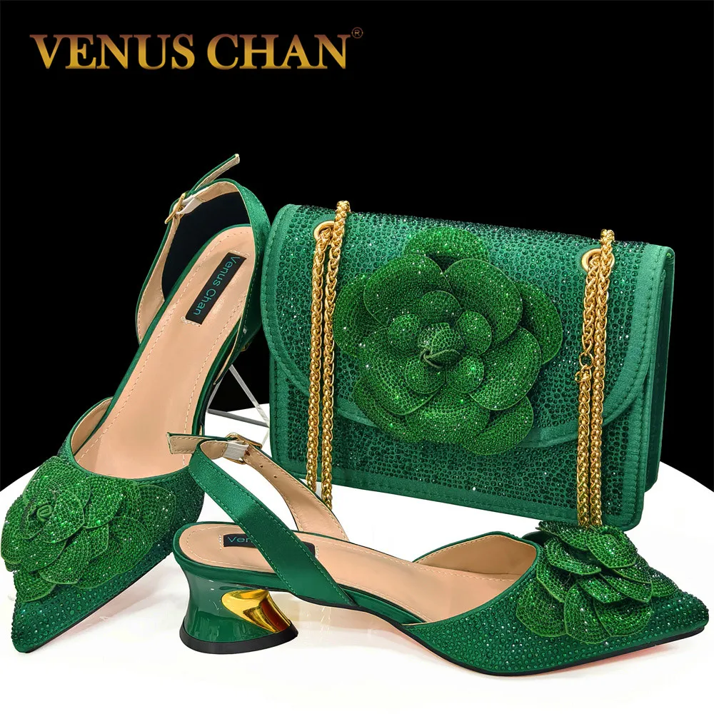 Venus Chan Shoes for Women Low Heel Rhinestone Paired With Handmade Petal Pointed-Toe Italian Shoes and Bags Matching Set