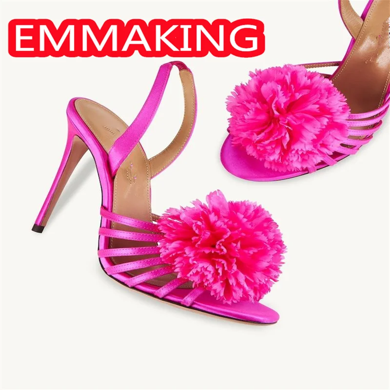 Carnation الأزهار عالية الكعب الصيف النساء الصنادل 2024 ارتفع الأحمر العصابات الضيقة جولة تو المصارع موضة المدرج أحذية السيدات 44