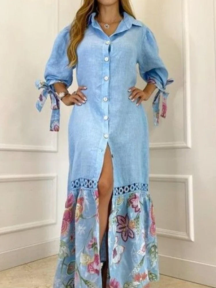 Elegancki rękaw kloszowy Sundress kobiety sukienka modna, z klapami szyi nadruk Boho koszula sukienka pojedyncze piersi Maxi sukienka Femme