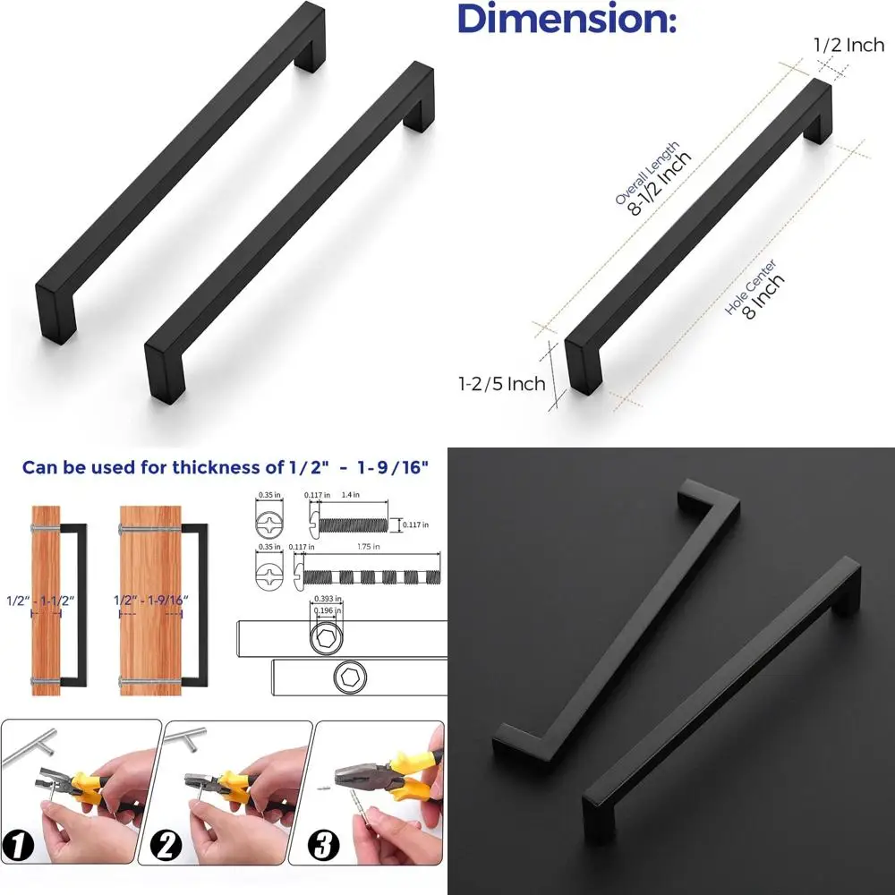 

8-дюймовые матовые черные квадратные ручки для шкафа — 32 упаковки выдвижных ящиков для кухонных шкафов — современный набор фурнитуры