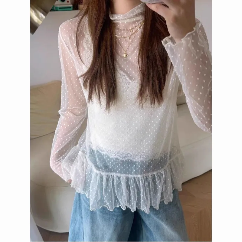 Women Korean Mock Neck Polka Dot Sheer Mesh Blouse Autumn Ruffled Hem Long Sleeve Layering Inner Top for Dress Sweater Matching