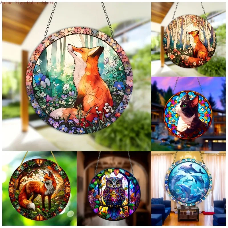 2D Cat Dolphin Fox Owl Printed Suncatcher, Round Acrylic Stained Hanging Decoration for Window and Door, Perfect Gift Idea