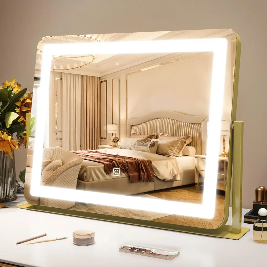 

Gold Vanity Mirror with Lights Smart Touch Dimming, 3Color Lighting, 360 Rotatable Desktop Makeup Mirror for Desk, 22x17