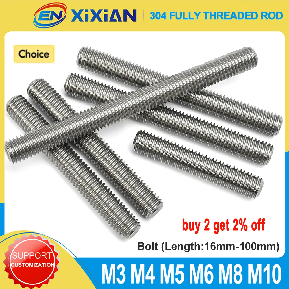 M3 M4 M5 M6 M8 M10 304 Stainless Steel Full Threaded Rod Bolt Fully Metric  Headless Bolt Thread Stud Rods Screws Length16-100mm
