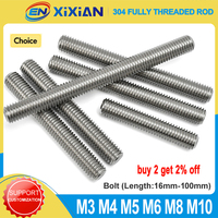 M3 M4 M5 M6 M8 M10 304 Stainless Steel Full Threaded Rod Bolt Fully Metric Headless Bolt Thread Stud Rods Screws Length16-100mm
