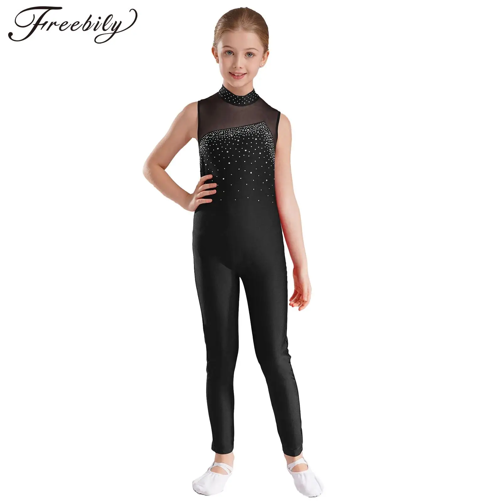 Kids Girls Sleeveless Ballet Dance Leotard Full Bodysuit Gymnastics Unitard Jumpsuit Dancewear Shiny Figure Skating Costumes