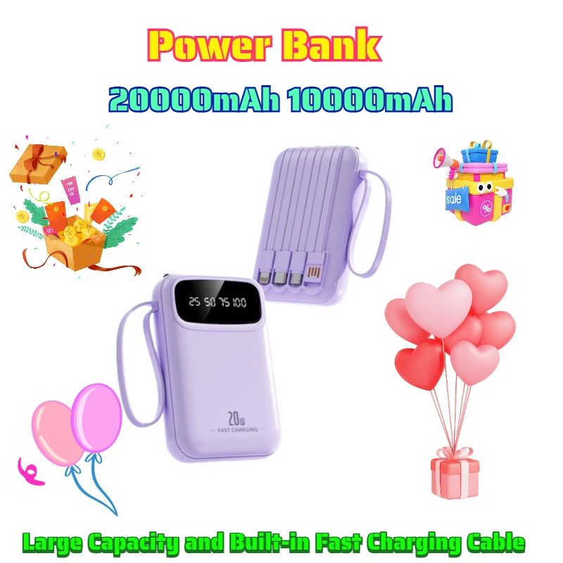 

20000mAh 10000mAh Power Bank with Large Capacity and Built-in Fast Charging Cable High-Quality