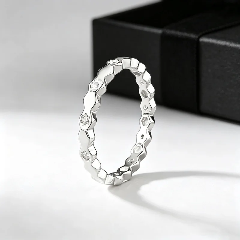 S925 Silver Ring Multi‑Tone Wavy Band Ring Inlaid Clear Zircon Stackable Eternity Ring Dainty Fine Jewelry Women Daily PartyGift