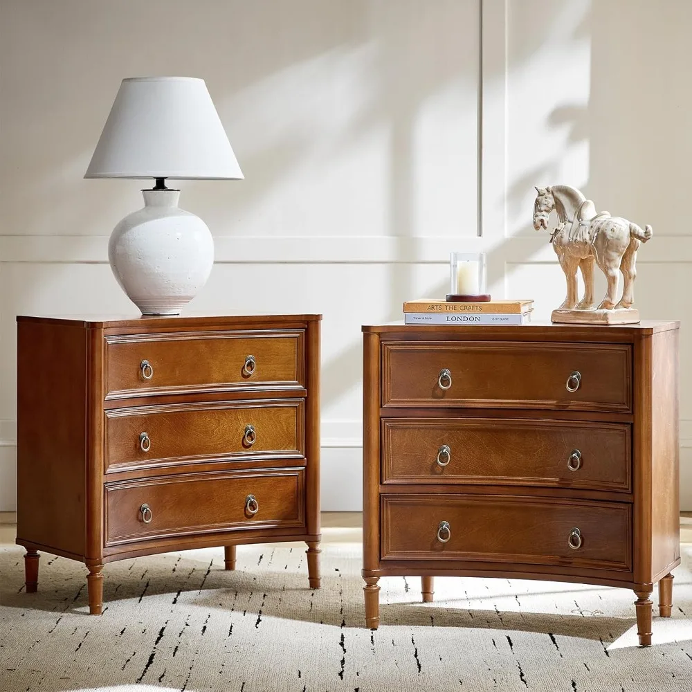 

pair of 26" wide nightstands with 3 drawers, charging station, solid wood legs, and curved profile for classic beds