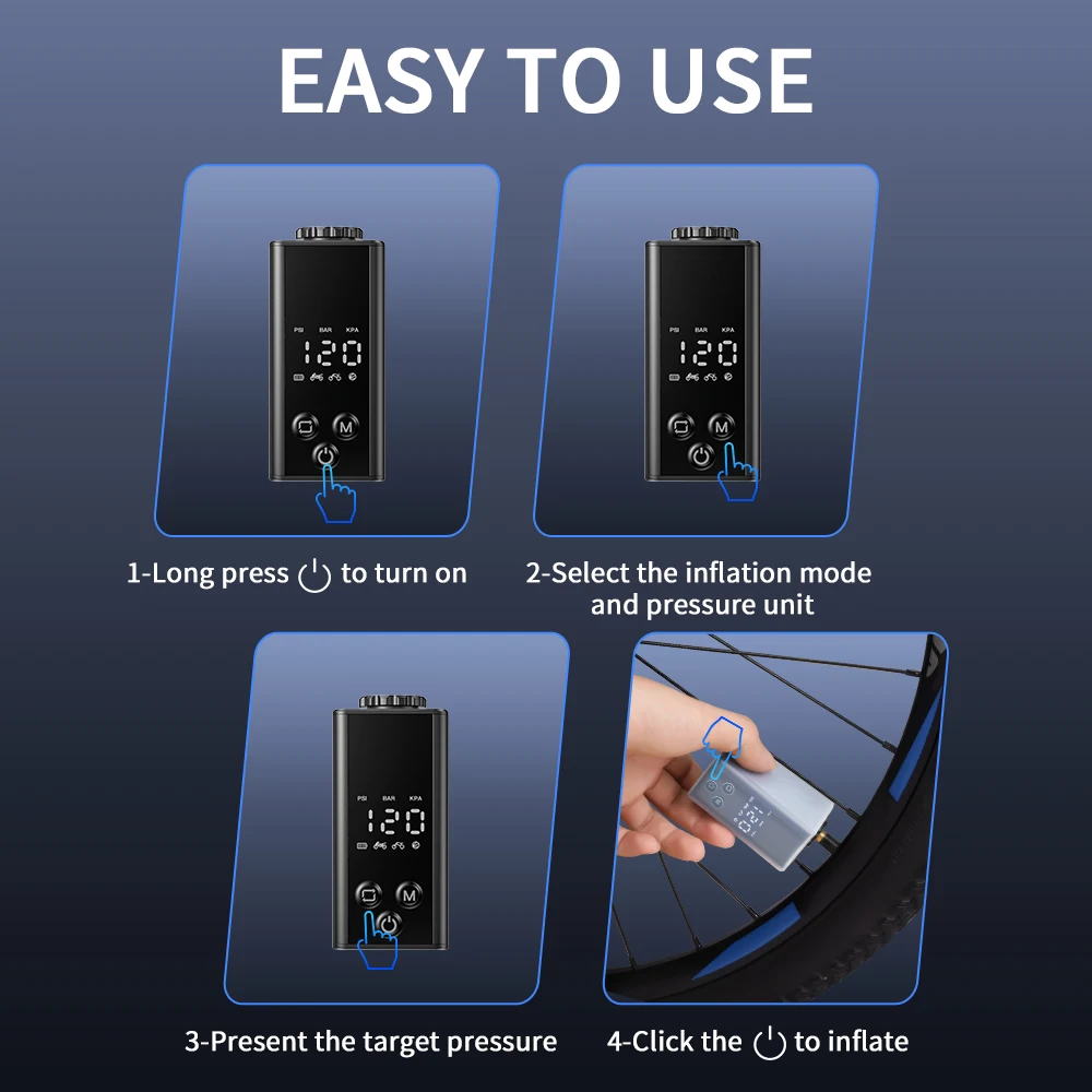 Rockbye مضخة دراجة كهربائية صغيرة 120 رطل لكل بوصة مربعة نوع-C قابلة للشحن منفاخ هواء محمول AV FV صمام ملحقات دراجة الطريق الجبلية