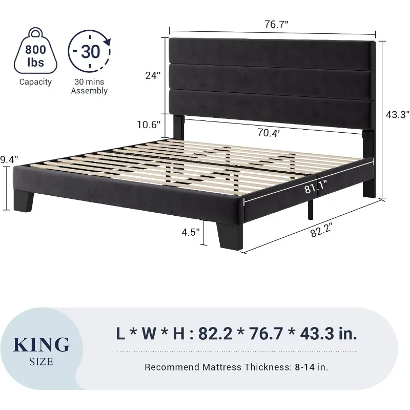 King Size Platform Bed Frame with Velvet Upholstered Headboard and Wooden Slats Support, No Box Spring Needed/Easy Assembly