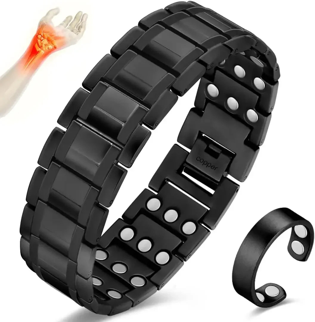 Pulsera de Cobre 3X para Hombre, Triple Imán Ultra Fuerte, Juego de Pulsera y Anillo Magnéticos de Cobre Puro con Herramienta de Ajuste de Tamaño