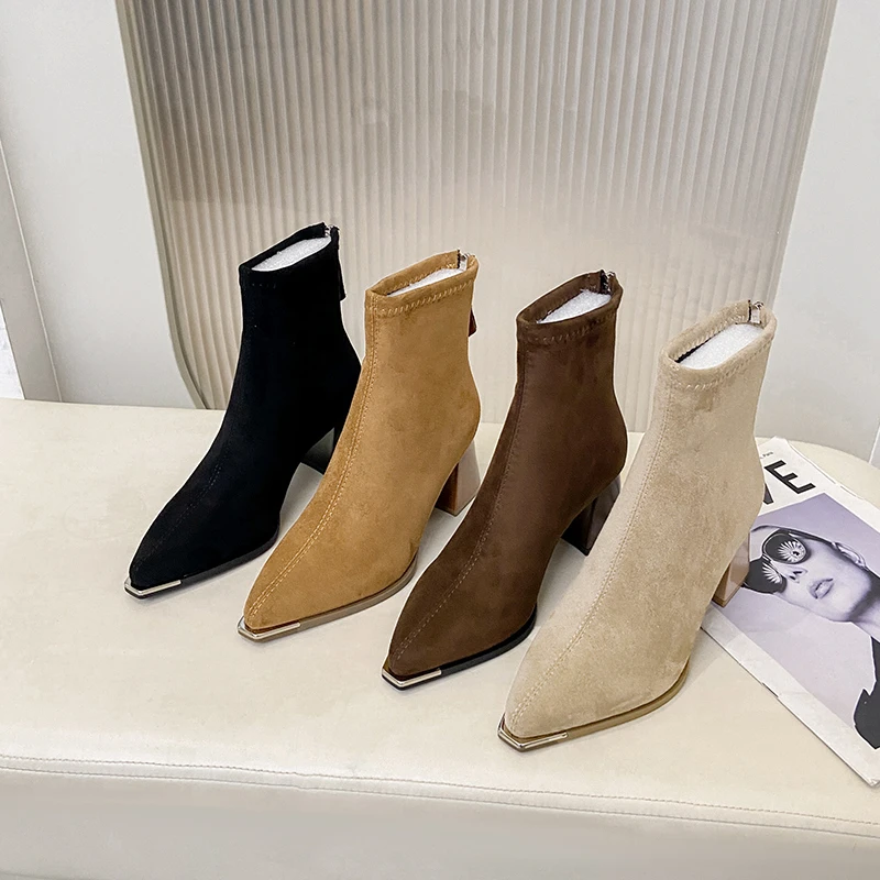 

Women Boots Temperament Pointed Toe Suede Ankle Boots Fashion Slim Fit High Heeled Boots for Women Zipper Short Boot Botas Mujer
