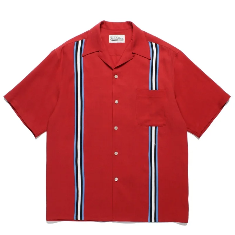 Mens Womens Summer Multicolor Heavy WACKO MARIA Embroidery Stripes Colorblocking Shirt Hawaii Brand Short Sleeve Shirt