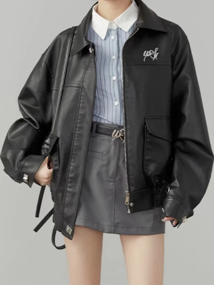 Chaqueta de cuero negro con cremallera para mujer, abrigo de motorista de moda Punk coreana, ropa de calle suelta, abrigo de cuero de diseñador