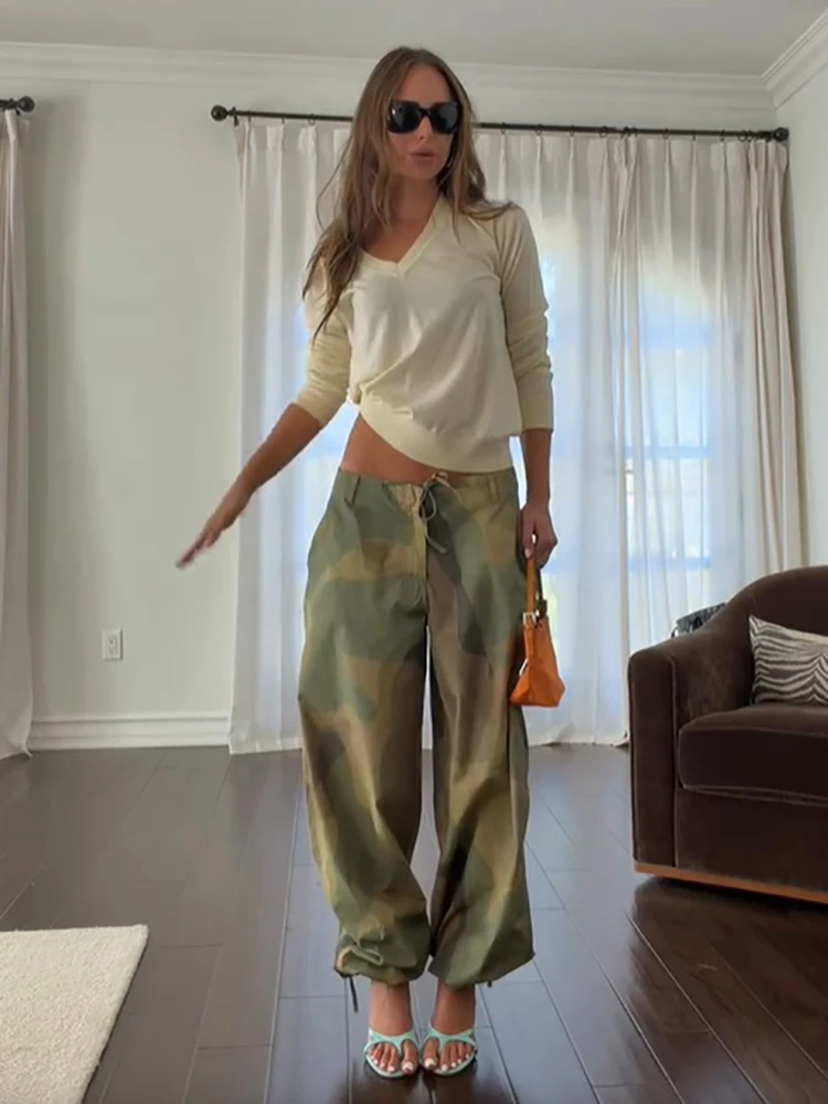 Vintage Camo Wide Leg Cargo Pants Women Lace Up Drawstring Waist Hem Loose Parachute Trousers Y2k Female Daily Casual Streetwear