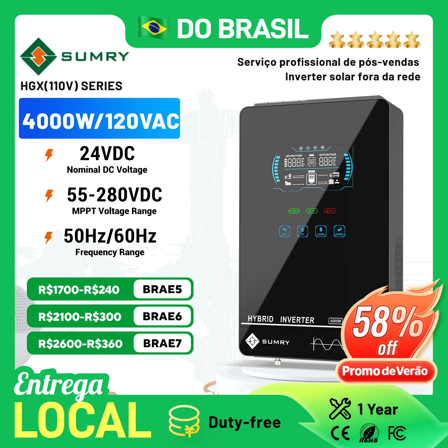 

SUMRY 4 кВт 4,5 кВт 6,5 кВт автономный солнечный инвертор 24 В 110/120 В/230 В чистая синусоида MPPT солнечная зарядка 55-350 В постоянного тока ЖК-гибридный инвертор