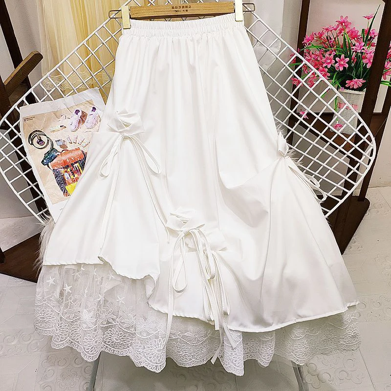 Y2k Vintage Sweet Midi Skirt Women Plus Size High Waist Mesh Bowknot Patchwork Skirt Autumn Korean Chic Elegant Fashion Skirt