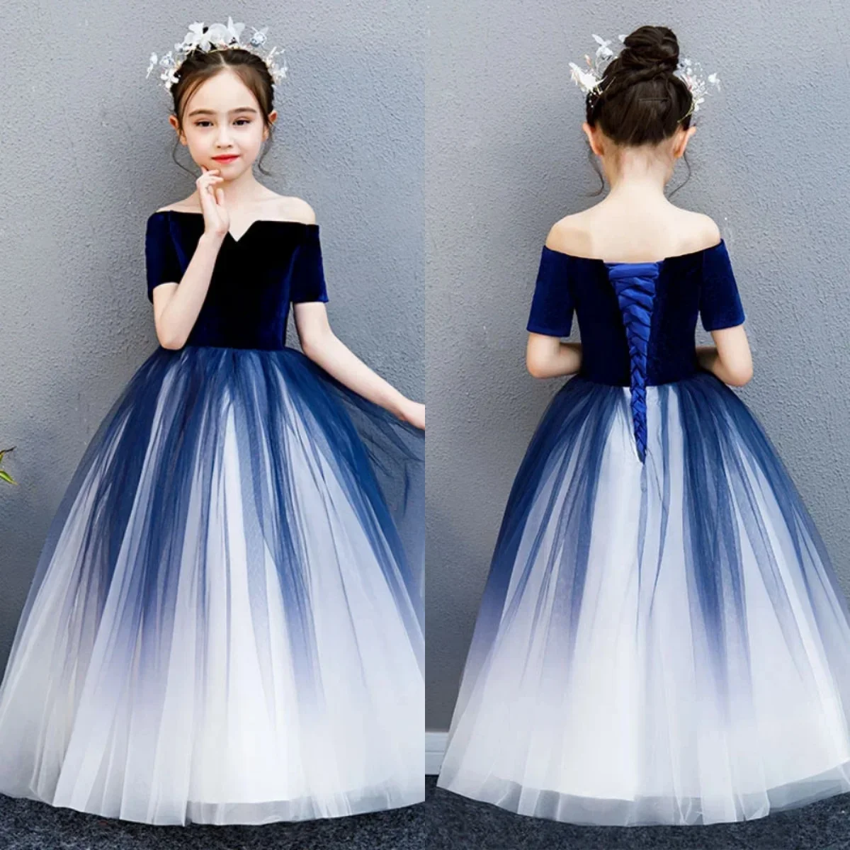 

Flower Girl Dress Navy Blue Velvet Gradient Tulle Off the Shoulder Lace up A-line Floor Length Communion Gown Customization B057