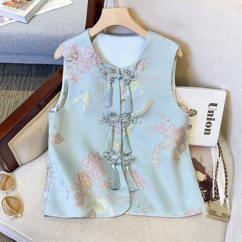 2024 vintage chinese style improved cheongsam top exquisite embroidery temperamen versatile vest sleeveless tassel button vest 