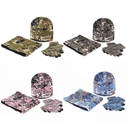 New Men Women Winter 3Pcs Camouflage Knit Beanie Hat Scarf for Touch Screen Gloves Set Thick Plush Lining Skull Neck