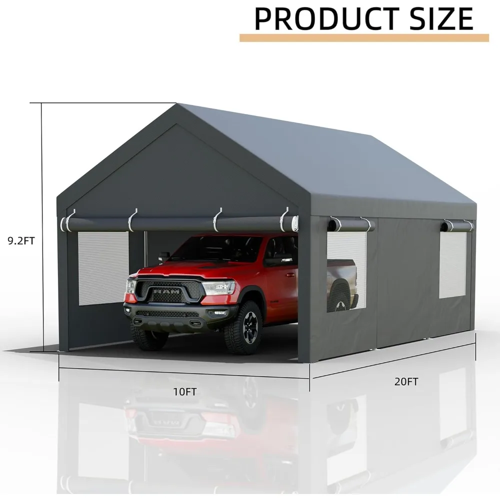 JY QAQA Carport، سيارة شديدة التحمل مقاس 12 × 20 قدمًا مع جدران وأبواب جانبية قابلة للإزالة، مظلة سيارة مع قماش القنب لجميع المواسم للسيارات، رمادي