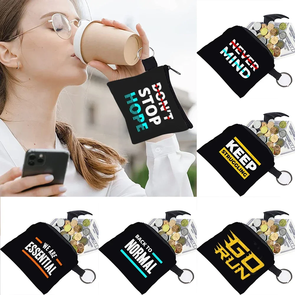 Women's Wallet Coin Bag Personality Earbuds Key Ring Buckle Storage Bag Black Canvas Phrase Print Pattern Series