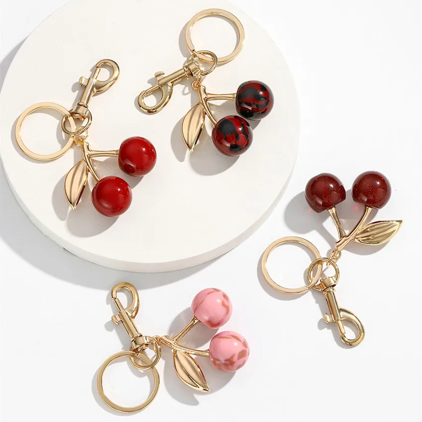 Retro Fashion Leopard Red Cherry Keychain Sparkling Pink Fruit Cherry Bag Pendant Car Keychain Gift Wholesale