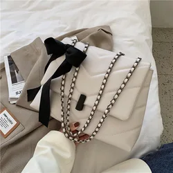 Casual Ribbon Small Square Bag Fashion Ladies Chain Shoulder Bag Girls Hundred Crossbody Bag Scarf Bow Decoration PU Material