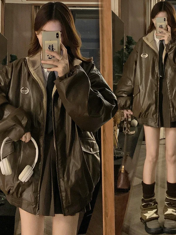 

Женская зимняя куртка из искусственного меха овчины, двусторонняя, в американском ретро-стиле, с подкладкой из искусственной кожи